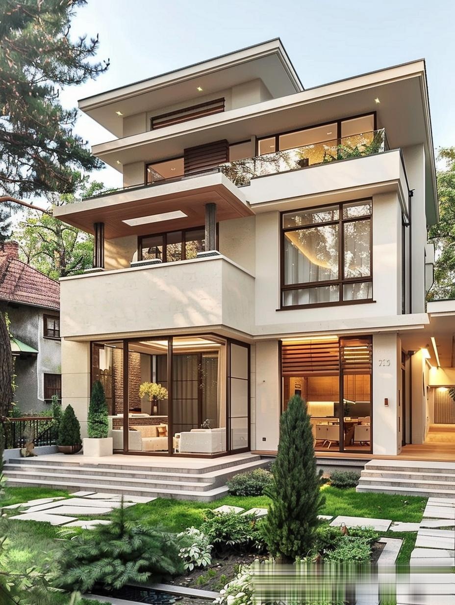 现代双层住宅 米白外墙与红瓦屋顶的和谐共融